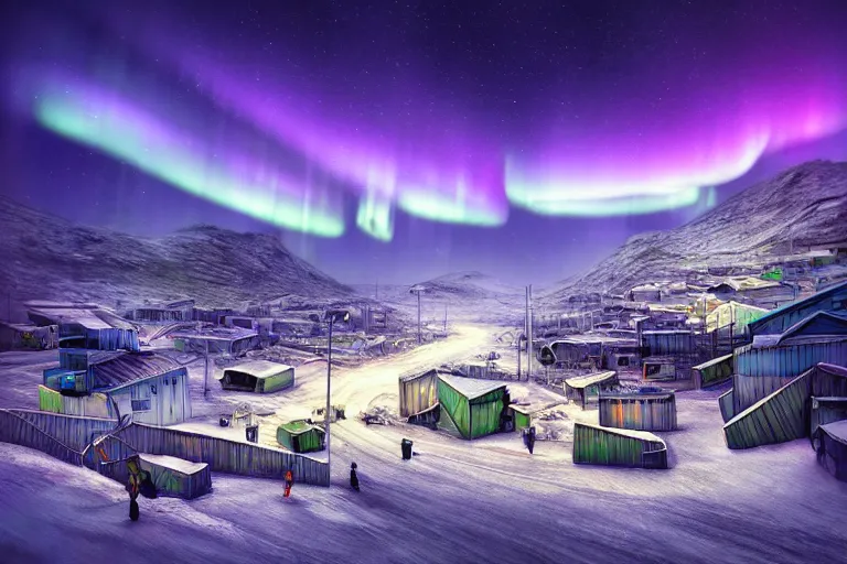 Image similar to favela winding cybernetic thrill ride, snowy arctic environment, industrial factory, bright, aurora borealis, award winning art, epic dreamlike fantasy landscape, ultra realistic,