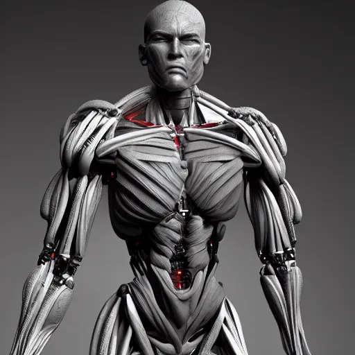 Image similar to a muscular humanoid cyborg consisting of human parts and robot parts, 8 k, highly detailed, realistic, refined, bautiful, fine art photography, hyper realistic, photo realistic, elegant, sharp focus, majestic, award winning picture, intricate, artstation