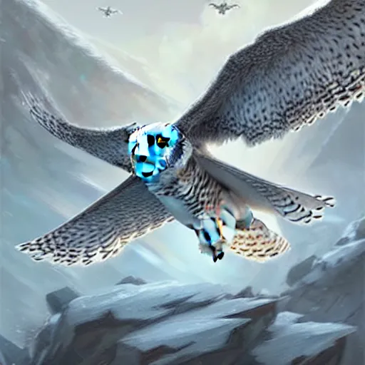 Image similar to a fantasy style snowy owl flying, with battle armour on rpg dnd oil painting unreal 5 daz rpg portrait extremely detailed artgerm greg rutkowski