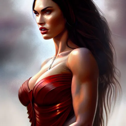 Image similar to portrait of megan fox, muscular upper body, greek, jewelry, red dress, fantasy, intricate, elegant, highly detailed, digital painting, artstation, concept art, matte, sharp focus, illustration, art by aenaluck and roberto ferri and greg rutkowski, epic fantasy, digital painting