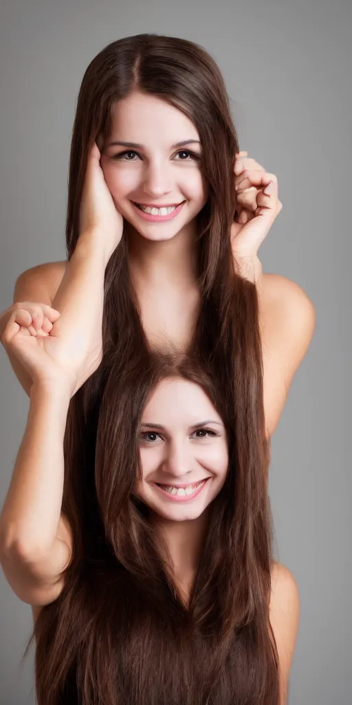 Prompt: photo of a beautiful young woman with dark brown hair looking into the camera and with an excited smile, full body, ultrarealistic, 8k