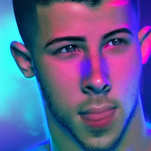 Prompt: futuristic photo of handsome Nick Jonas as a prince made of magenta-tinted glass wearing a hypersonic cape in an onyx aztec temple, reclining, glowing blue face, futuristic, oozing glowing liquid, blue diamonds, very detailed render, cosmic lighting