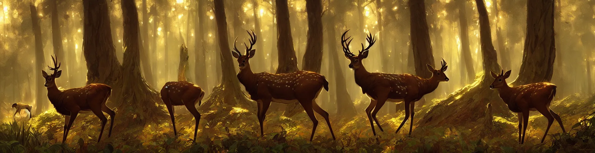 Image similar to Deer in Sherwood Forest, highly detailed, digital painting, artstation, concept art, smooth, sharp focus, illustration, art greg rutkowski and alphonse mucha