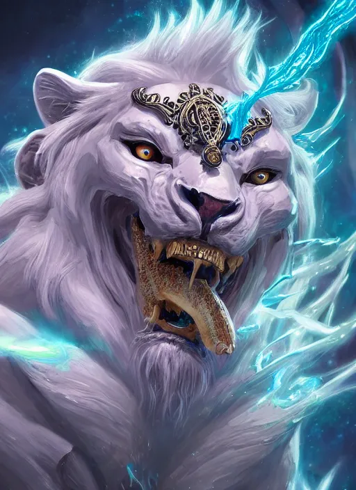 Prompt: anthropomorphized white lion wizard casting magic bright light spell, tzeentch, smiling, casting spell, concept art, insanely detailed and intricate, hypermaximalist, elegant, ornate, hyper realistic, super detailed, art deco, cinematic, trending on artstation, magic the gathering artwork