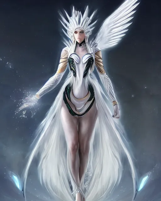 Image similar to perfect white haired egyptian goddess wearing white dove wings, warframe armor, regal, attractive, ornate, sultry, beautiful, dreamy, half asian, pretty face, blue eyes, detailed, scifi platform, 4 k, ultra realistic, epic lighting, android body, illuminated, cinematic, masterpiece, art by akihito tsukushi, voidstar, artgerm