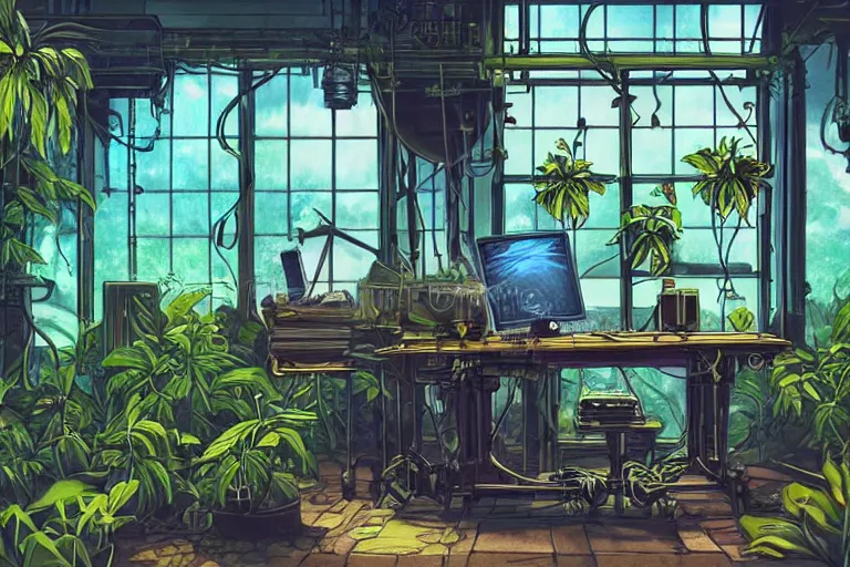 Prompt: Small desk inside a steampunk machine room with lush vegetation growing around the machines, tropical trees, large leaves, flowers, beautiful night sky showing thought the windows, beatifully lit, vintage science fiction illustration