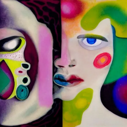 Prompt: The mixed media art is an abstract portrait of a woman. The woman's face is divided into two halves, one half is black and the other is white. The woman's eyes are large and staring. The mixed media art is full of energy and movement. by Rachel Maclean, by Oskar Fischinger relaxed