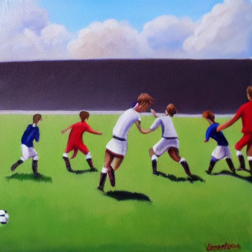 Image similar to painting of soccer game played by cows