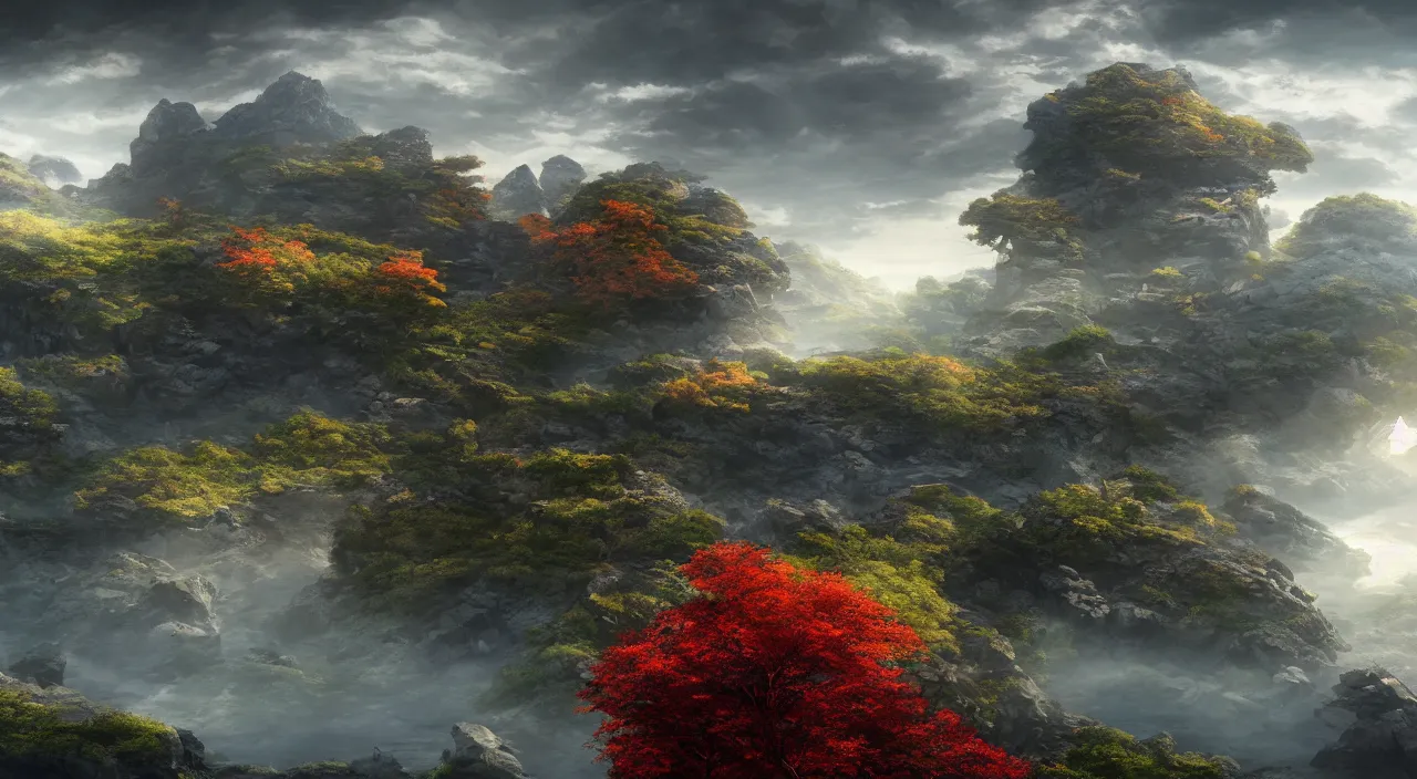 Prompt: lanscape, concept art, dramatic color, terragen, korean light novel, 8 k 3 d, atmosphere, japenese light novel cover