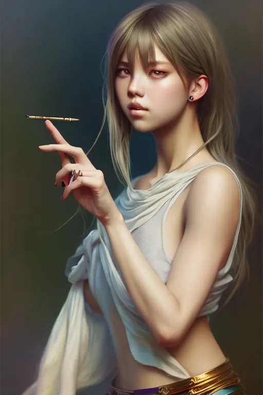 Image similar to beautiful digital painting of lalisa gray background with high detail, 8 k, stunning detail, photo by artgerm, greg rutkowski and alphonse mucha, unreal engine 5, 4 k uhd