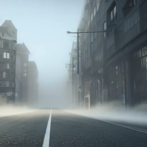 Image similar to still shot of a street covered in morning fog, highly detailed, photorealistic portrait, bright studio setting, studio lighting, crisp quality and light reflections, unreal engine 5 quality render