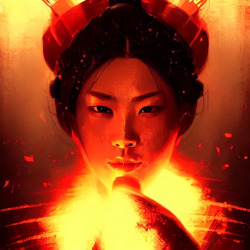 Prompt: portrait of beatiful female samurai in front of fire in the style of Raymond Swanland, cinematic, artstation