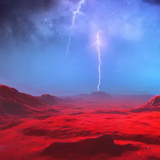 Prompt: a strange alien landscape, realistic, rocky, red and blue, blue particles, strange red particles, strange, alien - style, realistic, landscape, depth, movie lightning, realistic epic shaders, landscape