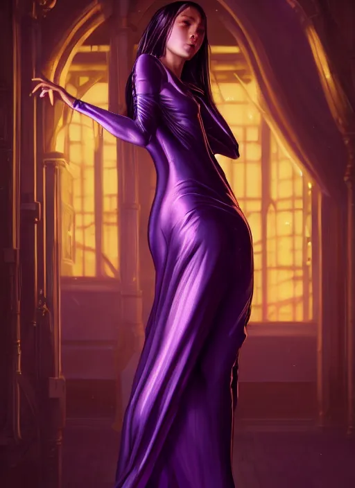 Image similar to young woman wearing night dress : : purple - gold streets cyberpunk : : weta disney pixar movie still photo : : decadent highly - detailed digital painting, heroic pose, full length shot, golden ratio, octane render, artstation, smooth, sharp focus, artgerm, mucha, loish, wlop, gogo