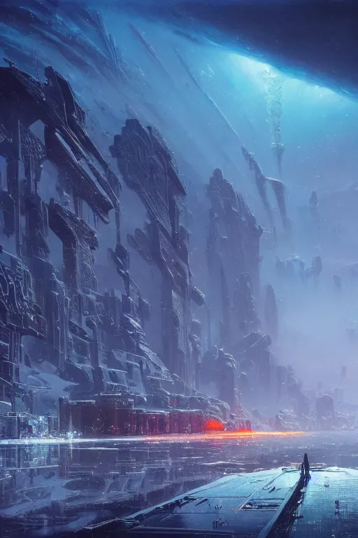 Image similar to a city in an icy landscape, cosmic sky sci - fi vivid by bruce pennington, greg rutkowski