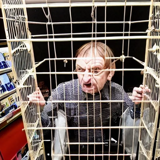 Prompt: mark e smith locked in a small bird cage on the shelf of a pet store