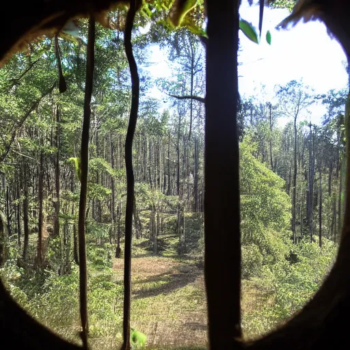 Image similar to view of the forest through a window in a tree house