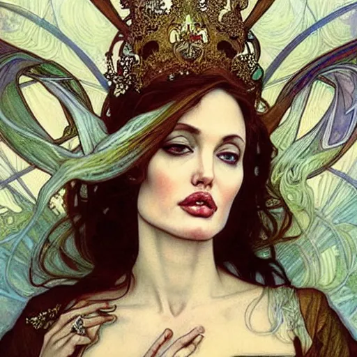 Prompt: realistic detailed face portrait of Angelina Jolie as a beautiful young fairy tale Medieval Queen by Alphonse Mucha, Ayami Kojima, Amano, Charlie Bowater, Karol Bak, Greg Hildebrandt, Jean Delville, and Mark Brooks, Art Nouveau, Neo-Gothic, Surreality, gothic, rich deep moody colors