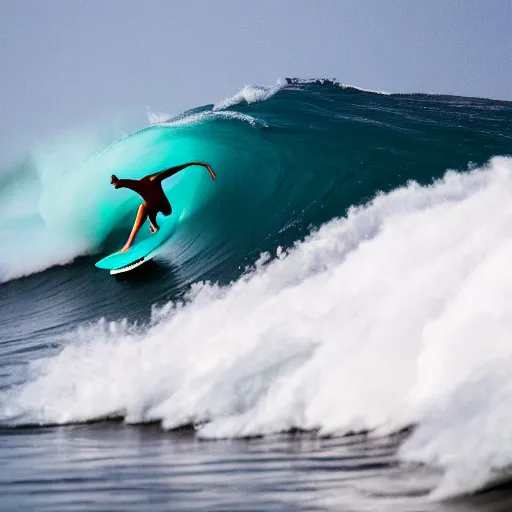 Image similar to Photograph of a zen monk surfing a giant wave on a summer day, natural light, telephoto lens, 4k image, Canon EOS