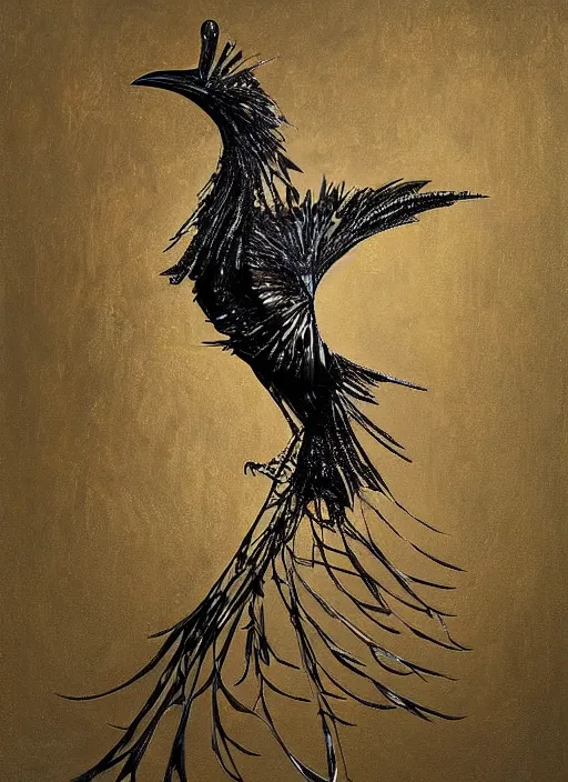 Image similar to metal crow, award - winning painting, abstract, gold and silver shapes, elegant, luxurious, beautiful, lovecraftian, beksinksi, chiaroscuro