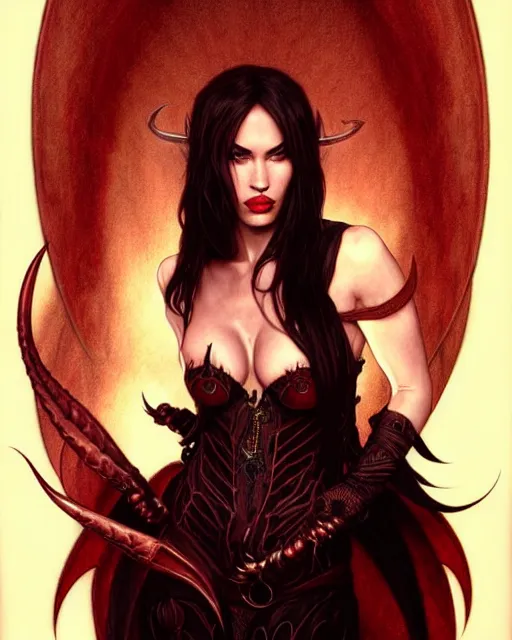 Image similar to portrait of megan fox as purgatori, vampire, horns, red skin, chaos comics, coffin comics, hell, intricate, headshot, highly detailed, digital painting, artstation, concept art, sharp focus, cinematic lighting, illustration, art by artgerm and greg rutkowski, alphonse mucha, cgsociety