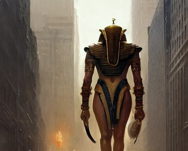 Prompt: a gigantic egyptian god walking the streets of new york, intricate, elegant, highly detailed, digital painting, artstation, concept art, matte, sharp focus, illustration, art by anders zorn and greg rutkowski and marvel