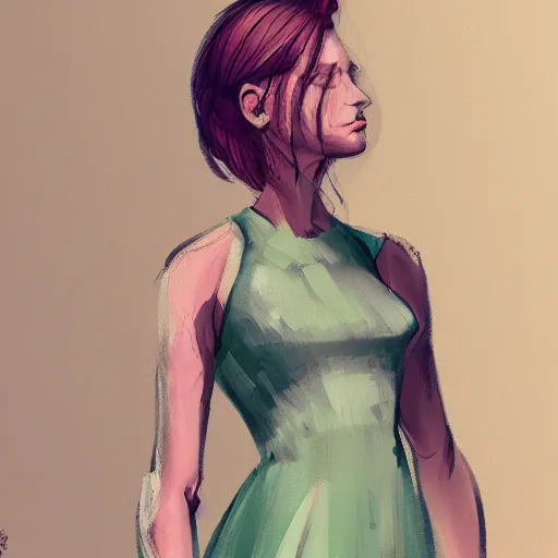 Prompt: A woman wearing a dress, ArtStation trending, detailed, digital art, calm colors,