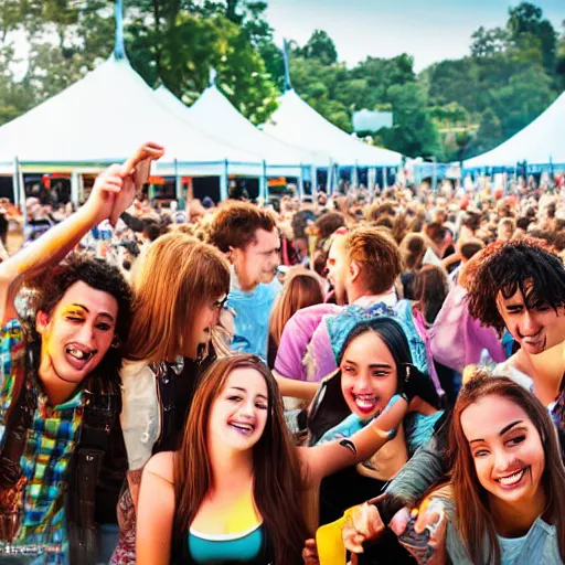 Prompt: young people having a good time at a festival. Very detailed Foto.