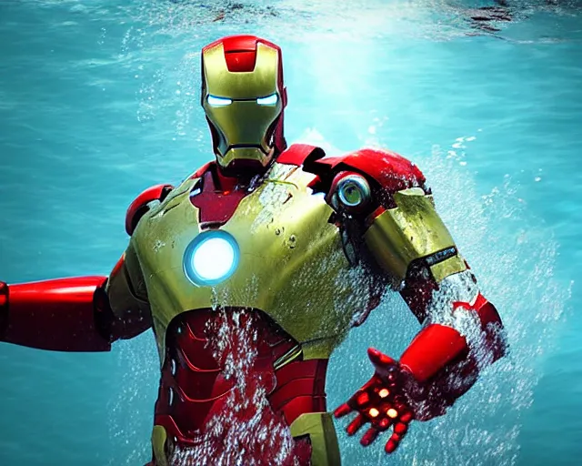 Image similar to iron man submerged under water, cinematic, photoreal, by red dead redemption 2