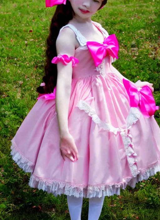 Prompt: a picture of a pretty girl in a pink angelic pretty lolita dress with ribbon heels and a hairbow