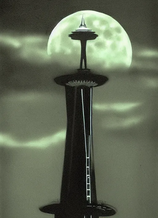 Image similar to king kong on the Seattle Space Needle at night, with moon in background, dark colors, sinister atmosphere, dramatic lighting, cinematic, establishing shot, extremely high detail, photo realistic, cinematic lighting, pen and ink, intricate line drawings, by Yoshitaka Amano, Ruan Jia, Kentaro Miura, Artgerm, post processed, concept art, artstation, matte painting, style by eddie mendoza, raphael lacoste, alex ross