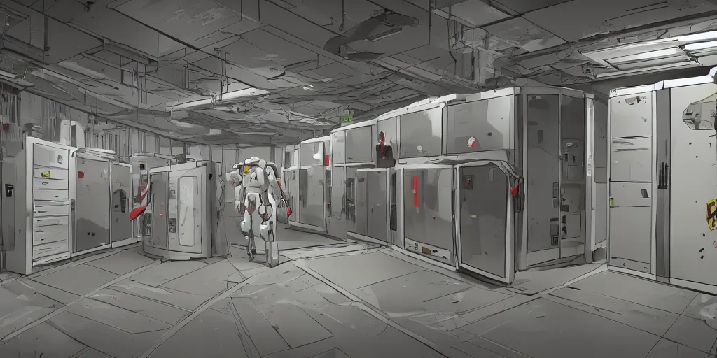 Image similar to parallax datacenter server room white rusty robocowboy in artstation