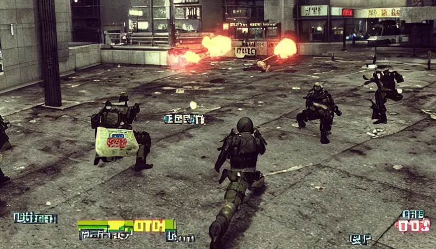 Prompt: 1990 Video Game Screenshot, Anime Neo-tokyo Cyborg bank robbers vs police, Set inside of the Bank, Open Bank Vault, Multiplayer set-piece Ambush, Tactical Squads :10, Police officers under heavy fire, Police Calling for back up, Bullet Holes and Realistic Blood Splatter, :10 Gas Grenades, Riot Shields, Large Caliber Sniper Fire, Chaos, Akira Anime Cyberpunk, Anime Machine Gun Fire, Violent Action, Sakuga Gunplay, Shootout, :14 Anime Cel Shaded style:19 , Inspired by Intruder :10 Created by Katsuhiro Otomo + Capcom: 19,
