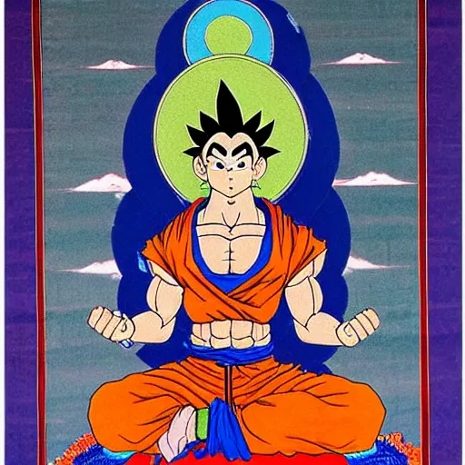 Image similar to Goku depicted in a Thangka art painting