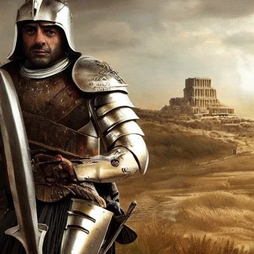 Prompt: painting of oscar isaac in armor playing achilles, ancient city in background, ultra detailed, realistic, movie poster, in the style of leonardo davinci