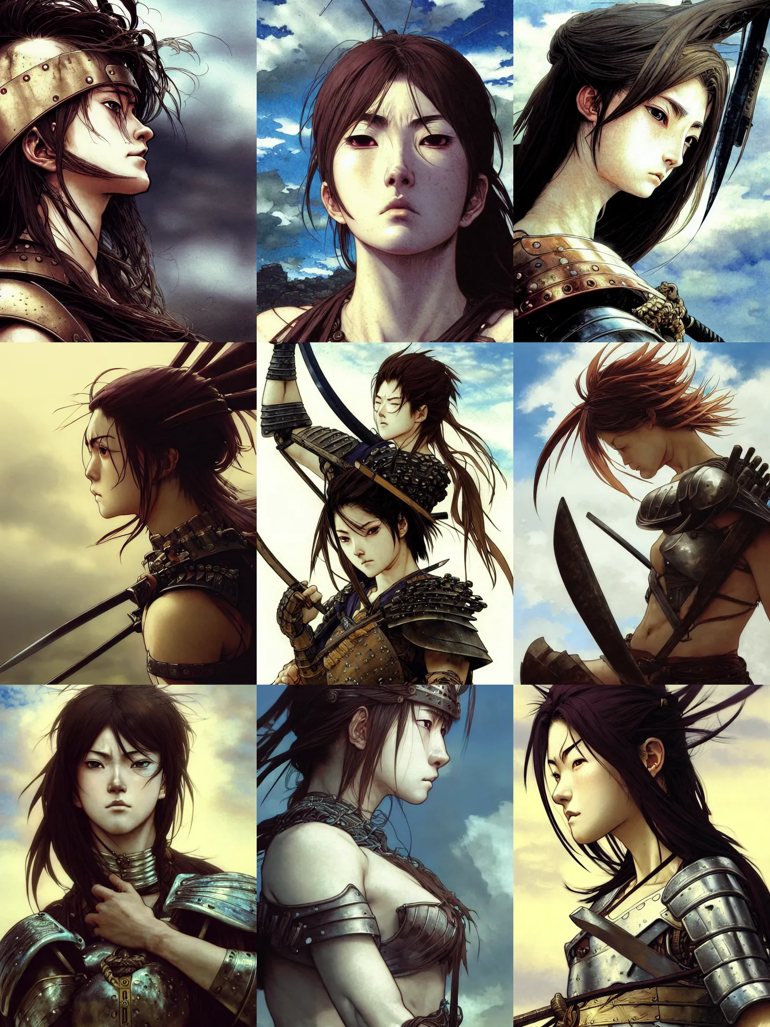 Prompt: close up picture of a female warrior looking at the sky, determined, rugged, samurai armor, simple, pale skin, messy hair, highly detailed, detailed face, smooth, sharp focus, chiaroscuro, manga illustration, takehiko inoue, artgerm, greg rutkowski, alphonse mucha, young adult light novel cover art