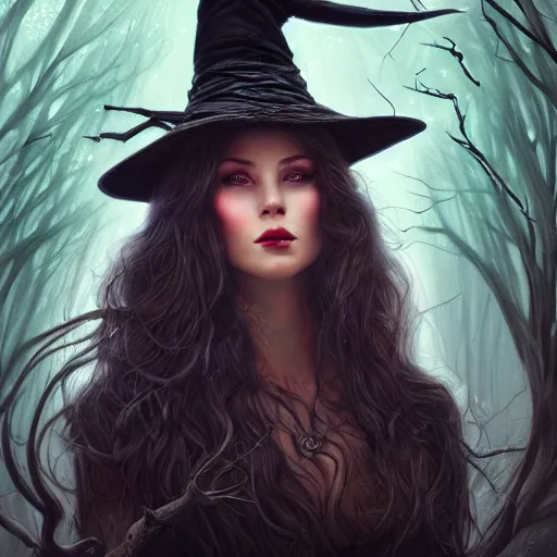 Image similar to head and shoulders portrait of a witch in a forest, dark fantasy, mystic, elegant, intricate, face, medium shot, trending on artstation, volumetric light, by Fernanda Suarez and Gil Elvgren