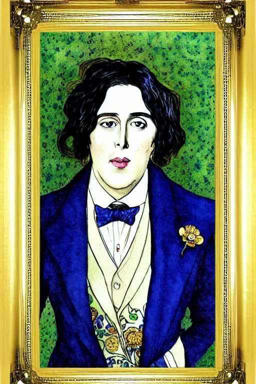 Image similar to realistic portrait of oscar wilde in the center of an ornate victorian gold frame with blue orchids, detailed art by kay nielsen and walter crane, illustration style, watercolor