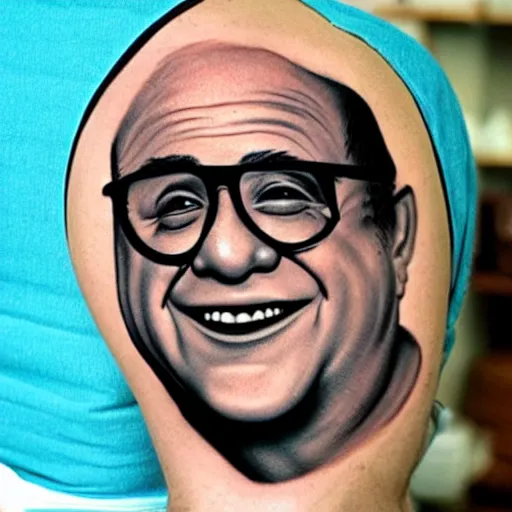 Prompt: full back tattoo of Danny devito