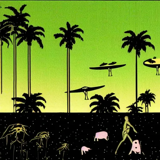 Image similar to ufo and aliens beaming up abducting cows along coast line pastures, summer night and palm trees. by patrick nagel, by norman rockwell, by virgil finlay minimalist lighting, precisionist, 1 0 0 0 0 mm. purple and green gammas.