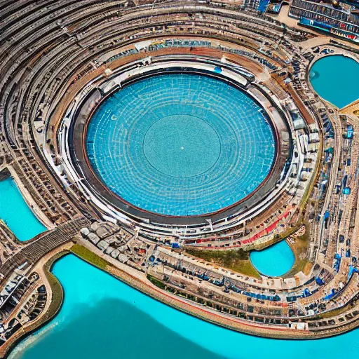 Prompt: f 1 racetrack over pools of bright blue water, birds eye view