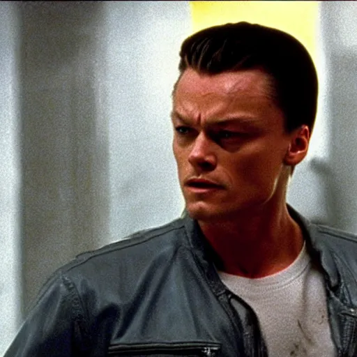 Image similar to film still of leonardo di caprio as t - 1 0 0 0 walking through prison bars in terminator 2 1 9 9 1