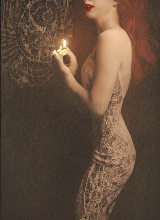 Prompt: a photo of a woman in a dark room wearing lace smoking a cigarette advertisement photography by mucha, punk rock, goth, beauty, candlelight, pagan, extremely coherent, sharp focus, elegant, sharp features, render, octane, detailed, award winning photography, masterpiece, rim lit