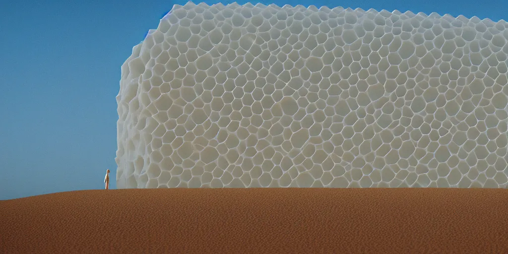 Image similar to real white honeycomb organic building sitting on the dune desert, film still from the movie directed by denis villeneuve aesthetic with art direction by zdzisław beksinski, telephoto lens, shallow depth of field