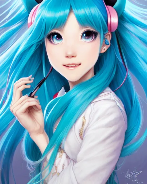 Image similar to portrait of disney hatsune miku!!!!!!!!!!, intricate, elegant, highly detailed, digital painting, artstation, concept art, smooth, sharp focus, illustration, art by artgerm and greg rutkowski and alphonse mucha and uang guangjian and gil elvgren and sachin teng and wlop, symmetry!!