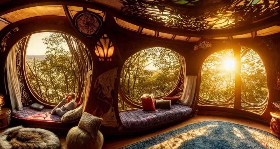 Prompt: an incredibly beautiful scene from a 2 0 2 2 marvel film featuring a cozy art nouveau reading nook in a fantasy treehouse interior. a couch with embroidered pillows. golden hour. 8 k uhd.