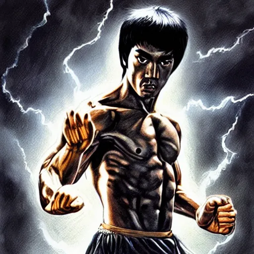 Prompt: bruce lee as the greek god of lightning, highly detailed, by artgerm and greg rutkowski