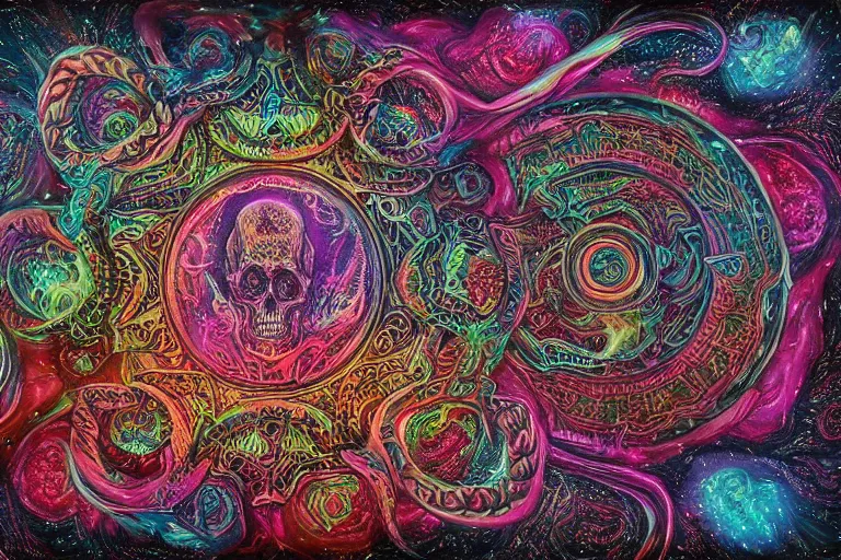 Prompt: a intricate mandala of skulls and flesh with deep and intricate rune carvings and twisting lovecraftian tentacles emerging from a space nebula by dan mumford, twirling smoke trails, a twisting vortex of dying galaxies, collapsing stars, digital art, photorealistic, vivid colors, highly detailed, intricate