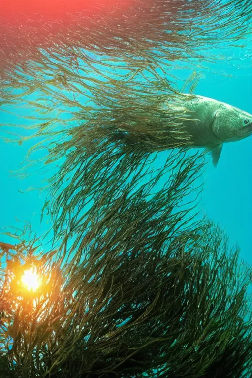 Prompt: beautiful photo of an atlantic cod swimming amongst kelp underwater in clear water sunset moody lighting