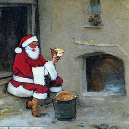 Image similar to a rabbit dressed as santa is eating porridge outside a cottage, in the style of anders zorn